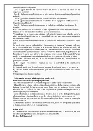 · Consideremos lo siguiente:
Caso 1: ¿Qué derecho se lesiona cuando se acceda a la base de datos de la
seguridad nacional?
Caso 2: ¿Qué derecho se lesiona con la intersección de comunicados confidenciales
del país?
Caso 3: ¿Qué derecho se lesiona con la falsificación de documentos?
Caso 4: ¿Qué derecho se lesiona con el sabotaje de los equipos de instituciones u
Organismos del Estado?
Caso 5: ¿Qué derecho se lesiona cuando se viola la seguridad de los sistemas del
Estado?
Cada caso mencionado es diferente al otro, y por tanto, se deben de considerar los
Efectos de los mismos al momento de aplicar las sanciones.
Terrorismo “es la sucesión de actos de violencia ejecutados para infundir terror”,
ciber es el prefijo utilizado en la comunidad Internet para denominar conceptos
relacionados con las
Redes. Por lo tanto el Ciberterrorismo es toda acción de violencia terrorífica en la
red.
Se puede observar que en los delitos relacionados a la “censura” (lenguaje violento,
en la información para la ayuda a actividades dañinas, en el daño virtual y el
ciberterrorismo) existe un ELEMENTO EN COMUN el cual es “el medio a través del
cual se hacen las publicaciones de ciertos contenidos de Internet”, la publicación de
los sitios web se lo hace a través de empresas proveedoras de Internet (ISP), las
cuales proporcionan el servicio desalojamiento necesario para levantar el sitio.
Se debe de considerar que los ISP no son responsables de los contenidos que se
publiquen cuando:
a) No tengan conocimiento efectivo de que la actividad o la información
almacenada
Es de carácter ilícito o de que lesionan bienes o derechos de terceras personas; y,
b) En caso de que existan contenidos que atenten al bienestar social, retiren los
datos
O haga imposible el acceso a ellos.
Delitos relacionados a la Propiedad Intelectual.
Piratería de software y otras propiedades
· La piratería de software si presenta regulación en las leyes ecuatorianas.
· El problema se origina en la medida del cumplimiento de las mismas, es decir, a la
falta de honestidad de las personas; unos dicen que los software tienen costos
elevados para la realidad del país, otros simplemente aprovechan la oportunidad y
se las ingenian para obtenerlos.
· Ante esta situación es necesario que se describa bien el hecho de la piratería, pues
al momento de establecer las pruebas del robo se debe tener presente que no
Necesariamente hay que sustraer físicamente el original, basta con sacar una copia
sin autorización.
· Actualmente existe la tendencia del software libre, éstos son programas que están
a disposición en Internet de forma gratuita.
Privacidad.
La tabla muestra los delitos que atentan contra el derecho a la privacidad, en ella
se establece el grado de falencias que tienen actualmente:
Delitos de Privacidad

 