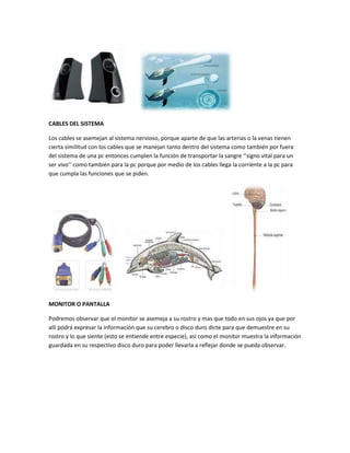 CABLES DEL SISTEMA

Los cables se asemejan al sistema nervioso, porque aparte de que las arterias o la venas tienen
cierta similitud con los cables que se manejan tanto dentro del sistema como también por fuera
del sistema de una pc entonces cumplen la función de transportar la sangre ‘’signo vital para un
ser vivo’’ como también para la pc porque por medio de los cables llega la corriente a la pc para
que cumpla las funciones que se piden.




MONITOR O PANTALLA

Podremos observar que el monitor se asemeja a su rostro y mas que todo en sus ojos ya que por
allí podrá expresar la información que su cerebro o disco duro dicte para que demuestre en su
rostro y lo que siente (esto se entiende entre especie), así como el monitor muestra la información
guardada en su respectivo disco duro para poder llevarla a reflejar donde se pueda observar.
 