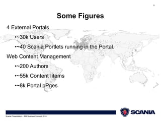 Some Figures 
Scania Presentation – IBM Business Connect 2014 
6 
4 External Portals 
•~30k Users 
•~40 Scania Portlets running in the Portal. 
Web Content Management 
•~200 Authors 
•~55k Content Iitems 
•~8k Portal pPges 
 