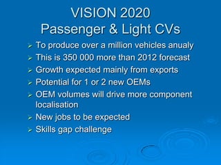 VISION 2020Passenger & Light CVsTo produce over a million vehicles anualyThis is 350 000 more than 2012 forecastGrowth expected mainly from exports Potential for 1 or 2 new OEMsOEM volumes will drive more component localisationNew jobs to be expectedSkills gap challenge