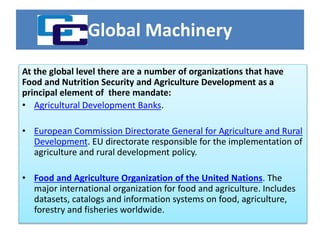 Global Machinery
At the global level there are a number of organizations that have
Food and Nutrition Security and Agriculture Development as a
principal element of there mandate:
• Agricultural Development Banks.
• European Commission Directorate General for Agriculture and Rural
Development. EU directorate responsible for the implementation of
agriculture and rural development policy.
• Food and Agriculture Organization of the United Nations. The
major international organization for food and agriculture. Includes
datasets, catalogs and information systems on food, agriculture,
forestry and fisheries worldwide.
 