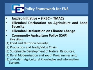Policy Framework for FNS
• Jagdeo Initiative – 9 KBC - TMACs
• Liliendaal Declaration on Agriculture and Food
Security
• Liliendaal Declaration on Climate Change
• Community Agriculture Policy (CAP)
Five pillars:
(1) Food and Nutrition Security;
(2) Production and Trade/Value Chain;
(3) Sustainable Development of Natural Resources;
(4) Rural Modernization and Youth Programmes and;
(5) a Modern Agricultural Knowledge and Information
System.
 