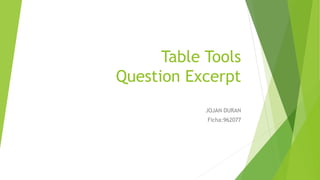 Table Tools
Question Excerpt
JOJAN DURAN
Ficha:962077
 