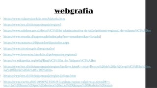webgrafia
• https://www.valparaisochile.com/historia.htm
• https://www.bcn.cl/siit/nuestropais/region5
• https://www.subdere.gov.cl/divisi%C3%B3n-administrativa-de-chile/gobierno-regional-de-valpara%C3%ADso
• https://www.senado.cl/appsenado/index.php?mo=senadores&ac=listado}
• https://www.camara.cl/diputados/diputados.aspx
• https://www.interior.gob.cl/regionales/
• https://www.descentralizachile.cl/gobernador-regional/
• https://es.wikipedia.org/wiki/Regi%C3%B3n_de_Valpara%C3%ADso
• https://www.bcn.cl/siit/nuestropais/region5/relieve.htm#:~:text=Dentro%20de%20la%20regi%C3%B3n%20se,
La%20Gloria%20de%204.760%20m.
• https://www.bcn.cl/siit/nuestropais/region5/clima.htm
• https://www.icarito.cl/2010/06/85-6793-9-5-quinta-region-valparaiso.shtml/#:~:
text=La%20fauna%20que%20destaca%20en,el%20Quique%20(Galictis%20cuja).
 