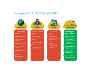 Damage of 2015: WHY DO WE CARE?
2.6 Million ha
burned
Inadequate support
33% burnt area –
peatland
90% haze – peat fires
O...