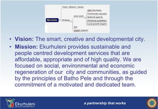 Vision:  The smart, creative and developmental city. Mission:  Ekurhuleni provides sustainable and people centred development services that are affordable, appropriate and of high quality. We are focused on social, environmental and economic regeneration of our  city and communities, as guided by the principles of Batho Pele and through the commitment of a motivated and dedicated team.  