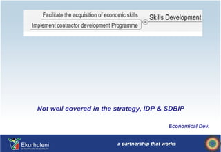 Not well covered in the strategy, IDP & SDBIP Economical Dev. 