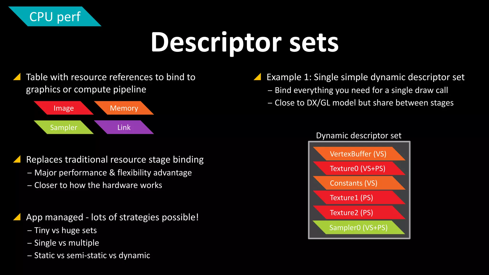 CPU perf

Descriptor sets
 Table with resource references to bind to
graphics or compute pipeline
Image

Memory

Sampler

Link

 Replaces traditional resource stage binding
‒ Major performance & flexibility advantage
‒ Closer to how the hardware works

 Example 1: Single simple dynamic descriptor set
‒ Bind everything you need for a single draw call
‒ Close to DX/GL model but share between stages

Dynamic descriptor set
VertexBuffer (VS)
Texture0 (VS+PS)
Constants (VS)
Texture1 (PS)

 App managed - lots of strategies possible!
‒ Tiny vs huge sets
‒ Single vs multiple
‒ Static vs semi-static vs dynamic

Texture2 (PS)
Sampler0 (VS+PS)

 