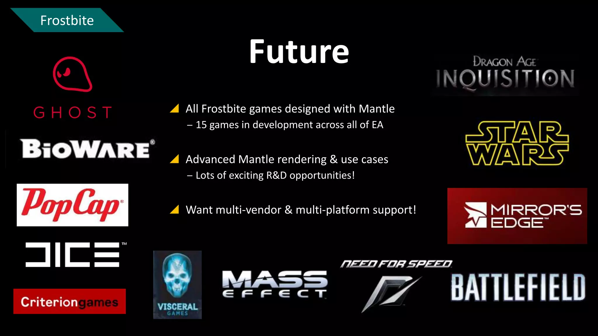 Frostbite

Future
 All Frostbite games designed with Mantle
‒ 15 games in development across all of EA

 Advanced Mantle rendering & use cases
‒ Lots of exciting R&D opportunities!

 Want multi-vendor & multi-platform support!

 