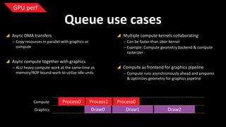 GPU perf

Queue use cases
 Async DMA transfers

 Multiple compute kernels collaborating

‒ Copy resources in parallel with graphics or
compute

‒ Can be faster than über-kernel
‒ Example: Compute geometry backend & compute
rasterizer

 Async compute together with graphics
‒ ALU heavy compute work at the same time as
memory/ROP bound work to utilize idle units

Compute
Graphics

Process0

Process1
Draw0

 Compute as frontend for graphics pipeline
‒ Compute runs asynchronously ahead and prepares
& optimizes geometry for graphics pipeline

Process0
Draw1

Draw2

 