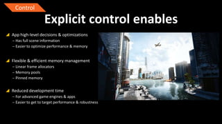 Control

Explicit control enables
 App high-level decisions & optimizations
‒ Has full scene information
‒ Easier to optimize performance & memory

 Flexible & efficient memory management
‒ Linear frame allocators
‒ Memory pools
‒ Pinned memory

 Reduced development time
‒ For advanced game engines & apps
‒ Easier to get to target performance & robustness

 