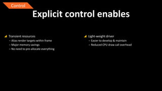Control

Explicit control enables
 Transient resources
‒ Alias render targets within frame
‒ Major memory savings
‒ No need to pre-allocate everything

 Light-weight driver
‒ Easier to develop & maintain
‒ Reduced CPU draw call overhead

 