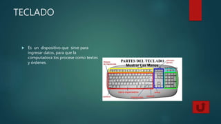 TECLADO
 Es un dispositivo que sirve para
ingresar datos, para que la
computadora los procese como textos
y órdenes.
 