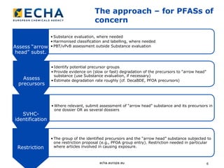 6
The approach – for PFASs of
concern
Assess “arrow
head” subst.
• Substance evaluation, where needed
• Harmonised classification and labelling, where needed
• PBT/vPvB assessment outside Substance evaluation
Assess
precursors
• Identify potential precursor groups
• Provide evidence on (slow or fast) degradation of the precursors to “arrow head”
substance (use Substance evaluation, if necessary)
• Estimate degradation rate roughly (cf. DecaBDE, PFOA precursors)
• Where relevant, submit assessment of “arrow head” substance and its precursors in
one dossier OR as several dossiers
• The group of the identified precursors and the “arrow head” substance subjected to
one restriction proposal (e.g., PFOA group entry). Restriction needed in particular
where articles involved in causing exposure.
SVHC-
identification
Restriction
 