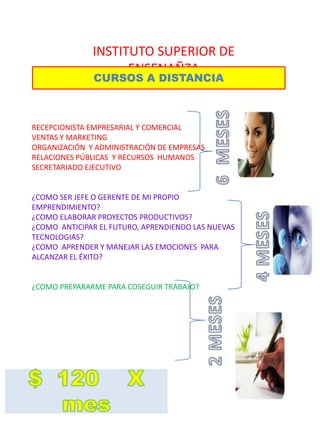 INSTITUTO SUPERIOR DE ENSENAÑZACURSOS A DISTANCIARECEPCIONISTA EMPRESARIAL Y COMERCIALVENTAS Y MARKETINGORGANIZACIÓN Y ADMINISTRACIÓN DE EMPRESASRELACIONES PÚBLICAS Y RECURSOS HUMANOSSECRETARIADO EJECUTIVO¿COMO SER JEFE O GERENTE DE MI PROPIO EMPRENDIMIENTO?¿COMO ELABORAR PROYECTOS PRODUCTIVOS?¿COMO ANTICIPAR EL FUTURO, APRENDIENDO LAS NUEVAS TECNOLOGIAS?¿COMO APRENDER Y MANEJAR LAS EMOCIONES PARA ALCANZAR EL ÉXITO?¿COMO PREPARARME PARA COSEGUIR TRABAJO?6 MESES4 MESES2 MESES$ 120 X mes