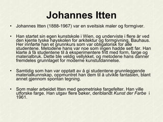 Johannes Itten <ul><li>Johannes Itten (1888-1967) var en sveitsisk maler og formgiver.  </li></ul><ul><li>Han startet sin ...