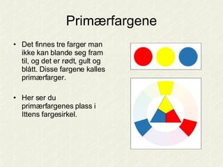Primærfargene <ul><li>Det finnes tre farger man ikke kan blande seg fram til, og det er rødt, gult og blått. Disse fargene...