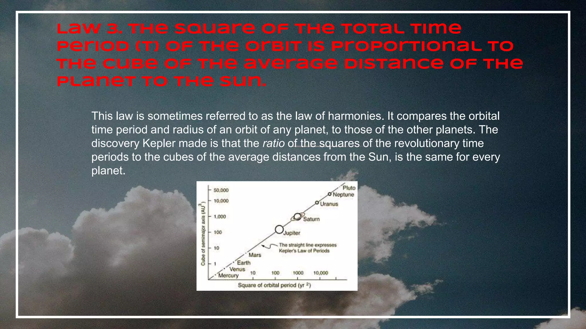 Law 3. The square of the total time
period (T) of the orbit is proportional to
the cube of the average distance of the
planet to the Sun.
This law is sometimes referred to as the law of harmonies. It compares the orbital
time period and radius of an orbit of any planet, to those of the other planets. The
discovery Kepler made is that the ratio of the squares of the revolutionary time
periods to the cubes of the average distances from the Sun, is the same for every
planet.
 