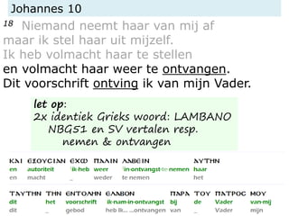 Johannes 10
18 Niemand neemt haar van mij af
maar ik stel haar uit mijzelf.
Ik heb volmacht haar te stellen
en volmacht haar weer te ontvangen.
Dit voorschrift ontving ik van mijn Vader.
let op:
2x identiek Grieks woord: LAMBANO
NBG51 en SV vertalen resp.
nemen & ontvangen
 