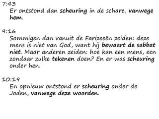 7:43
Er ontstond dan scheuring in de schare, vanwege
hem.
9:16
Sommigen dan vanuit de Farizeeën zeiden: deze
mens is niet van God, want hij bewaart de sabbat
niet. Maar anderen zeiden: hoe kan een mens, een
zondaar zulke tekenen doen? En er was scheuring
onder hen.
10:19
En opnieuw ontstond er scheuring onder de
Joden, vanwege deze woorden.
 