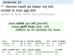 Johannes 10
17 Hierom heeft de Vader mij lief,
omdat ik mijn ziel stel
opdat ik haar weer zou ontvangen.
Jezus stelde zijn ziel (psuché)
maar geeft leven (zoë, :10)
NBG51 en SV vertalen 2x: leven
 