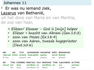 Johannes 11
1 Er was nu iemand ziek,
Lazarus van Bethanië,
uit het dorp van Maria en van Martha,
de zus van haar,
> Eliëzer/ Eleazar - God is [mijn] helper
• Eliëzer > knecht van Abram (Gen.15:2)
• zoon van Mozes (Ex.18:4)
• zoon van Aäron, tweede hogepriester
(Deut.10:6)
 