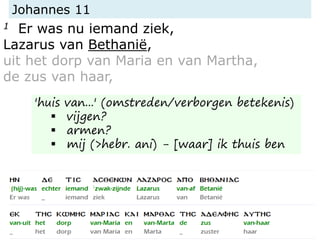 Johannes 11
1 Er was nu iemand ziek,
Lazarus van Bethanië,
uit het dorp van Maria en van Martha,
de zus van haar,
'huis van...' (omstreden/verborgen betekenis)
 vijgen?
 armen?
 mij (>hebr. ani) - [waar] ik thuis ben
 