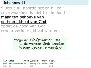Johannes 11
4 Jezus nu hoorde het en hij zei:
deze zwakheid is niet tot de dood
maar ten behoeve van
de heerlijkheid van God,
opdat de Zoon van God
erdoor verheerlijkt zal worden.
vergl. de blindgeborene; 9:3
"... de werken Gods moeten
in hem openbaar worden"
 