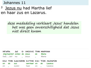Johannes 11
5 Jezus nu had Martha lief
en haar zus en Lazarus.
deze mededeling verklaart Jezus' handelen
het was geen onverschilligheid dat Jezus
niet direct kwam
 