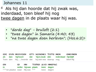 Johannes 11
6 Als hij dan hoorde dat hij zwak was,
inderdaad, toen bleef hij nog
twee dagen in de plaats waar hij was.
• "derde dag" - bruiloft (2:1)
• "twee dagen" in Samaria (4:40; 43)
• "na twee dagen doen herleven"; (Hos.6:2)>
 