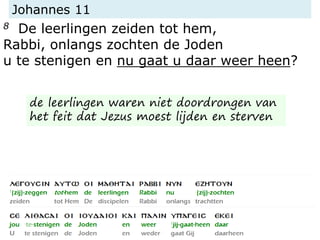 Johannes 11
8 De leerlingen zeiden tot hem,
Rabbi, onlangs zochten de Joden
u te stenigen en nu gaat u daar weer heen?
de leerlingen waren niet doordrongen van
het feit dat Jezus moest lijden en sterven
 