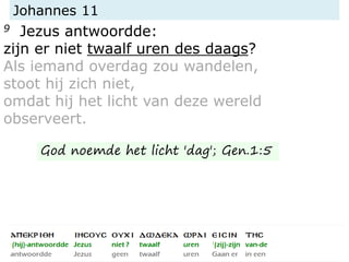 Johannes 11
9 Jezus antwoordde:
zijn er niet twaalf uren des daags?
Als iemand overdag zou wandelen,
stoot hij zich niet,
omdat hij het licht van deze wereld
observeert.
God noemde het licht 'dag'; Gen.1:5
 