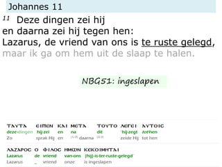 Johannes 11
11 Deze dingen zei hij
en daarna zei hij tegen hen:
Lazarus, de vriend van ons is te ruste gelegd,
maar ik ga om hem uit de slaap te halen.
NBG51: ingeslapen
 