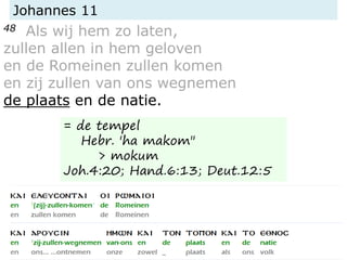 Johannes 11
48 Als wij hem zo laten,
zullen allen in hem geloven
en de Romeinen zullen komen
en zij zullen van ons wegnemen
de plaats en de natie.
= de tempel
Hebr. 'ha makom"
> mokum
Joh.4:20; Hand.6:13; Deut.12:5
 