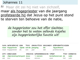 Johannes 11
51 Maar dit zei hij niet van zichzelf,
maar als hogepriester van die jaargang
profeteerde hij dat Jezus op het punt stond
te sterven ten behoeve van de natie,
de hogepriester zou het offer slachten
zonder het te weten oefende Kajafas
zijn hogepriesterlijke functie uit!
 