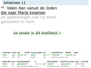 Johannes 11
45 Velen dan vanuit de Joden
die naar Maria kwamen
en gadesloegen wat hij deed,
geloofden in hem.
zie eerder in dit hoofdstuk >
 