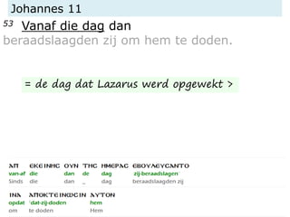 Johannes 11
53 Vanaf die dag dan
beraadslaagden zij om hem te doden.
= de dag dat Lazarus werd opgewekt >
 