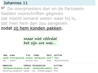 Johannes 11
57 De overpriesters dan en de Farizeeën
hadden voorschriften gegeven
dat mocht iemand weten waar hij is,
dat men hem dan zou aangeven
zodat zij hem konden pakken.
maar niet vóórdat
het zijn ure was...
 