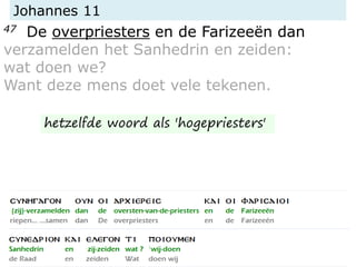 Johannes 11
47 De overpriesters en de Farizeeën dan
verzamelden het Sanhedrin en zeiden:
wat doen we?
Want deze mens doet vele tekenen.
hetzelfde woord als 'hogepriesters'
 