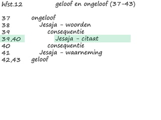 geloof en ongeloof (37-43)
ongeloof
Jesaja - woorden
consequentie
Jesaja - citaat
consequentie
Jesaja - waarneming
geloof
hfst.12
37
38
39
39,40
40
41
42,43
 