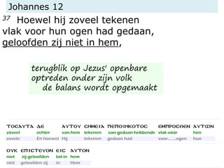 Johannes 12
37 Hoewel hij zoveel tekenen
vlak voor hun ogen had gedaan,
geloofden zij niet in hem,
terugblik op Jezus' openbare
optreden onder zijn volk
de balans wordt opgemaakt
 