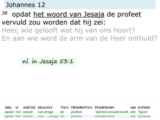 Johannes 12
38 opdat het woord van Jesaja de profeet
vervuld zou worden dat hij zei:
Heer, wie gelooft wat hij van ons hoort?
En aan wie werd de arm van de Heer onthuld?
nl. in Jesaja 53:1
 