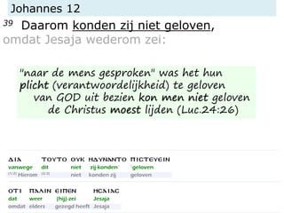 Johannes 12
39 Daarom konden zij niet geloven,
omdat Jesaja wederom zei:
"naar de mens gesproken" was het hun
plicht (verantwoordelijkheid) te geloven
van GOD uit bezien kon men niet geloven
de Christus moest lijden (Luc.24:26)
 