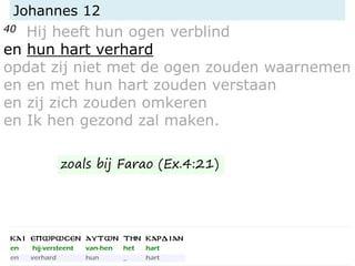 Johannes 12
40 Hij heeft hun ogen verblind
en hun hart verhard
opdat zij niet met de ogen zouden waarnemen
en en met hun hart zouden verstaan
en zij zich zouden omkeren
en Ik hen gezond zal maken.
zoals bij Farao (Ex.4:21)
 