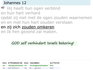 Johannes 12
40 Hij heeft hun ogen verblind
en hun hart verhard
opdat zij niet met de ogen zouden waarnemen
en en met hun hart zouden verstaan
en zij zich zouden omkeren
en Ik hen gezond zal maken.
GOD zelf verhindert Israëls bekering!
 