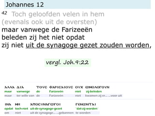 Johannes 12
42 Toch geloofden velen in hem
(evenals ook uit de oversten)
maar vanwege de Farizeeën
beleden zij het niet opdat
zij niet uit de synagoge gezet zouden worden,
vergl. Joh.9:22
 