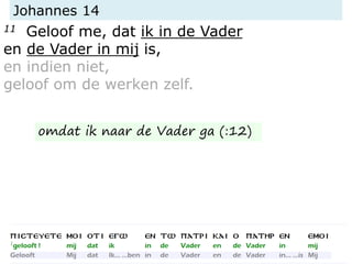 Johannes 14
11 Geloof me, dat ik in de Vader
en de Vader in mij is,
en indien niet,
geloof om de werken zelf.
omdat ik naar de Vader ga (:12)
 