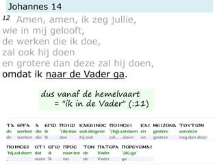 Johannes 14
12 Amen, amen, ik zeg jullie,
wie in mij gelooft,
de werken die ik doe,
zal ook hij doen
en grotere dan deze zal hij doen,
omdat ik naar de Vader ga.
dus vanaf de hemelvaart
= "ik in de Vader" (:11)
 