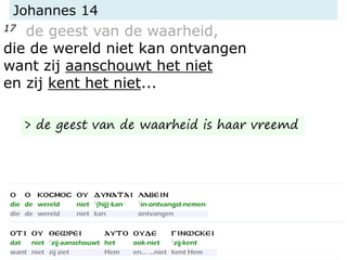 Johannes 14
17 de geest van de waarheid,
die de wereld niet kan ontvangen
want zij aanschouwt het niet
en zij kent het niet...
> de geest van de waarheid is haar vreemd
 
