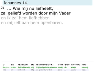 Johannes 14
21 ... Wie mij nu liefheeft,
zal geliefd worden door mijn Vader
en ik zal hem liefhebben
en mijzelf aan hem openbaren.
 